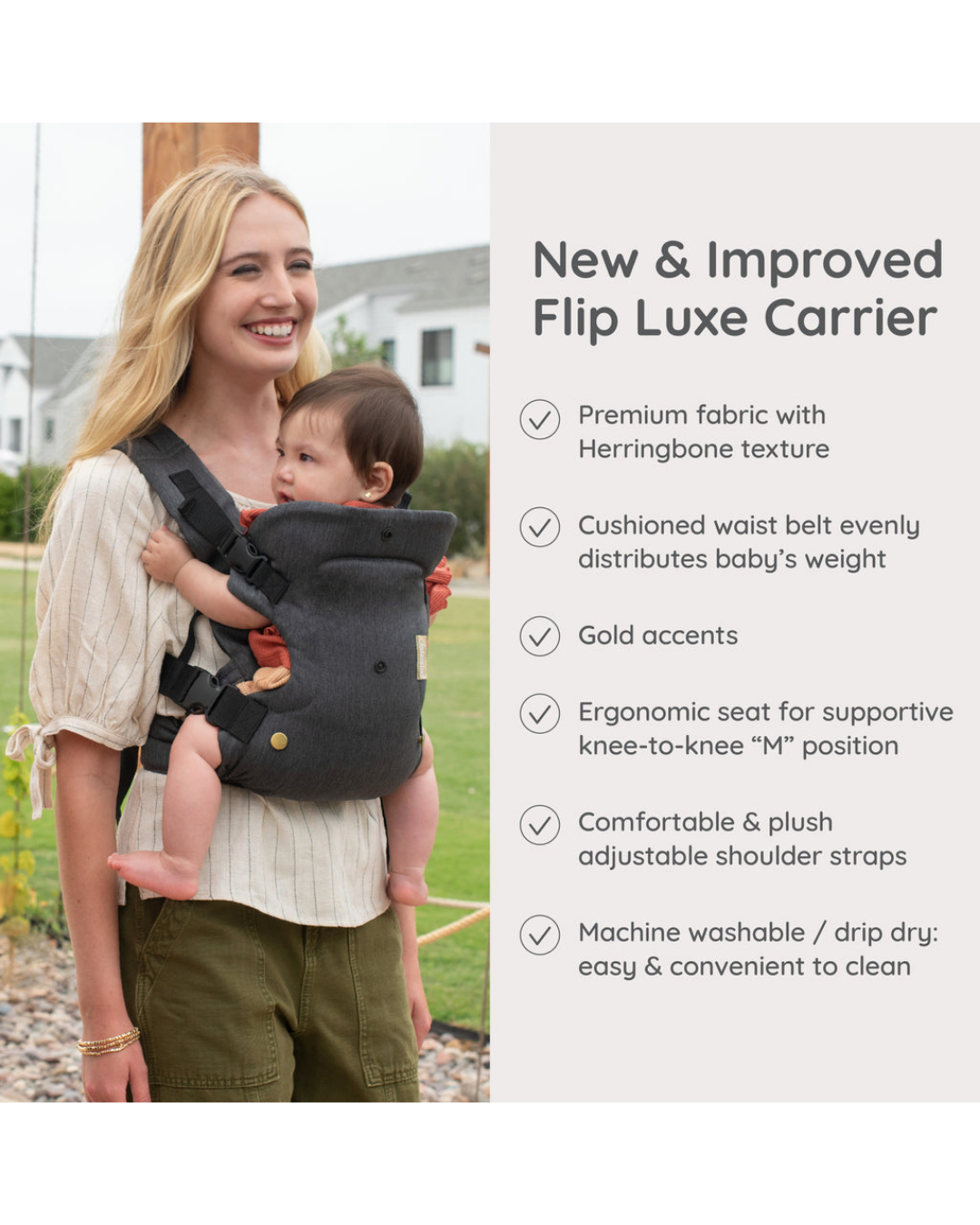 PORTABEBÉ FLIP LUXE 4 EN 1 INFANTINO - GRIS DETALLES DORADOS
 7-35 LIBRAS