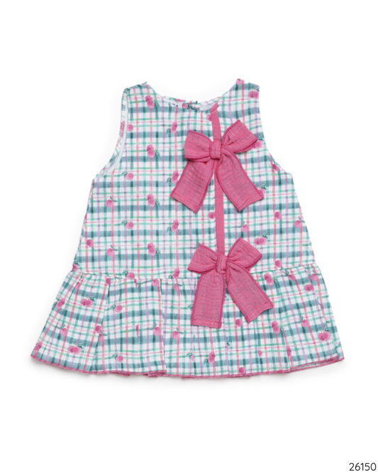 VESTIDO CUADROS LAZOS ROSA