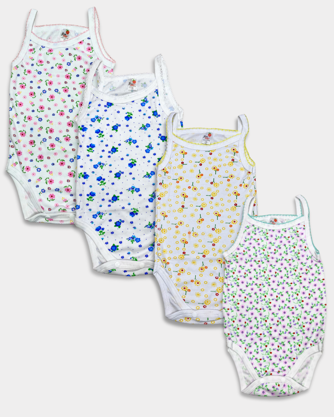 SET DE 4 MAMELUCOS FLORES SIN MANGA