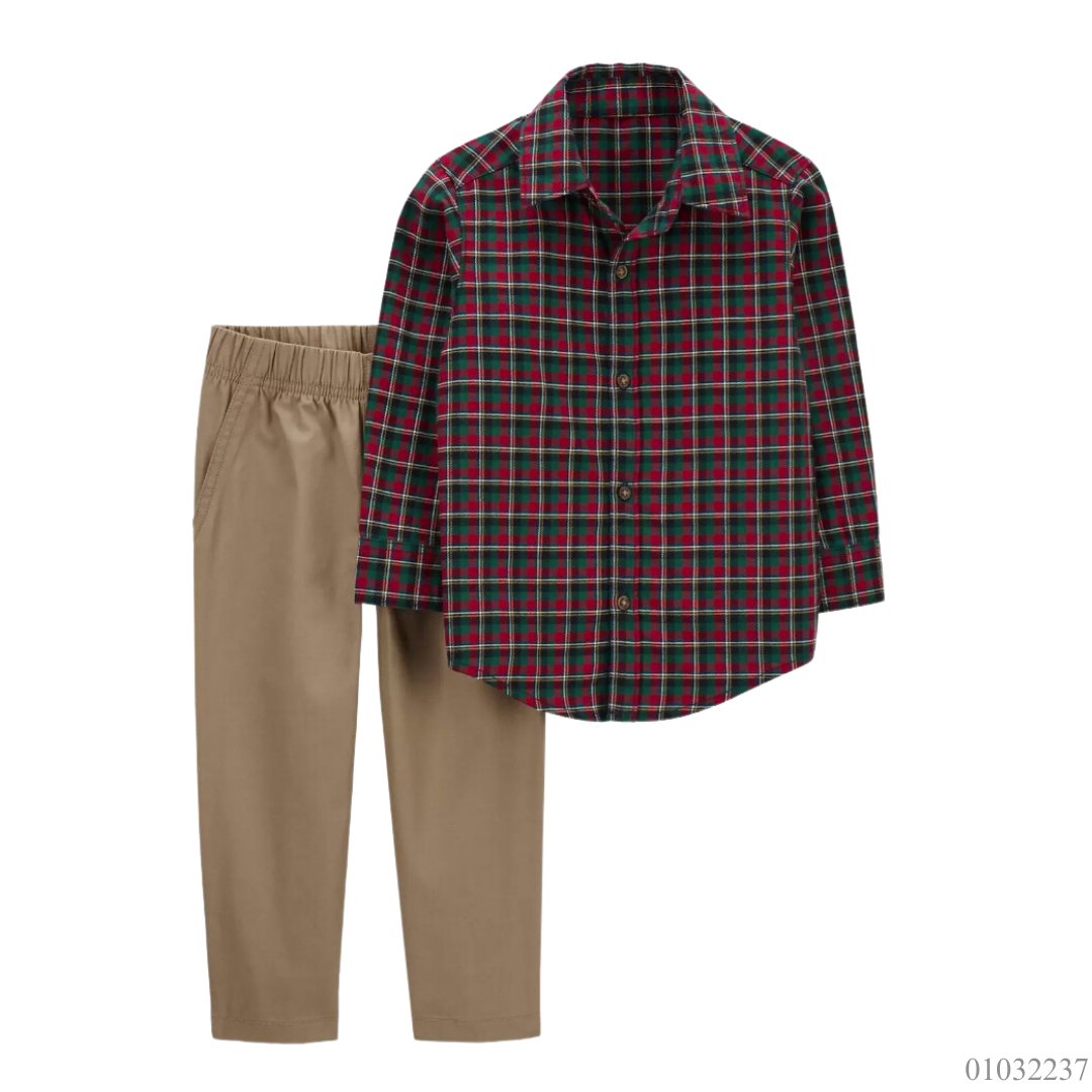 TRAJE FORMAL CAMISA CUADROS ROJO PANTALON CAFE CARTERS