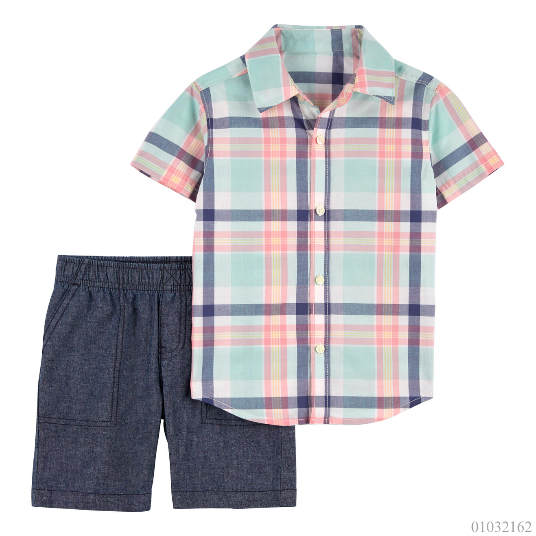 TRAJE NIÑO 2 PZS CAMISA FORMAL CUADROS SHORT AZUL JEAN