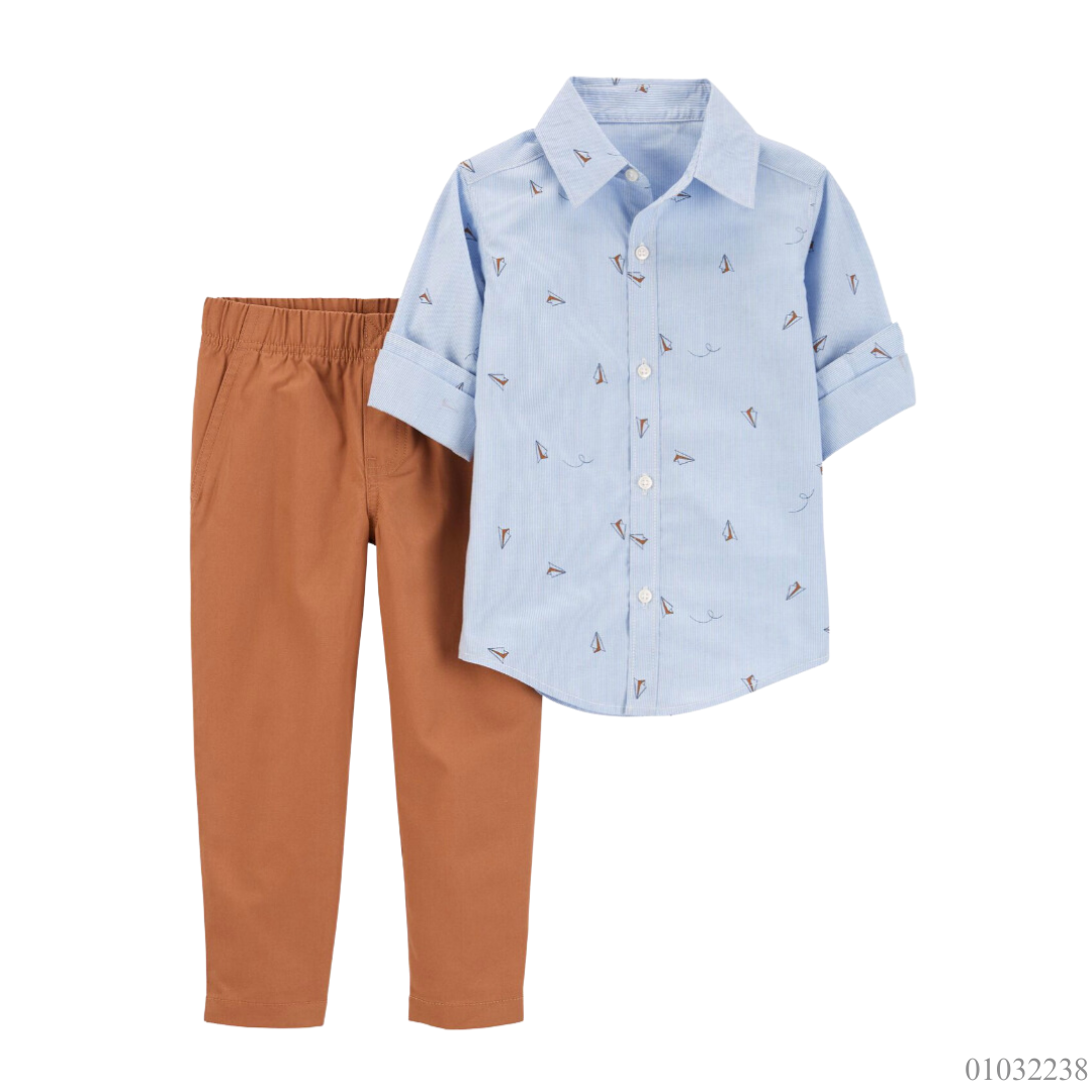 TRAJE FORMAL CAMISA AVIONES AZUL PANTALON CAFE CARTERS