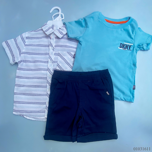 TRAJE NIÑO 3 PIEZAS DKNY SHORT AZUL CAMISA FORMAL CAMISA CASUAL