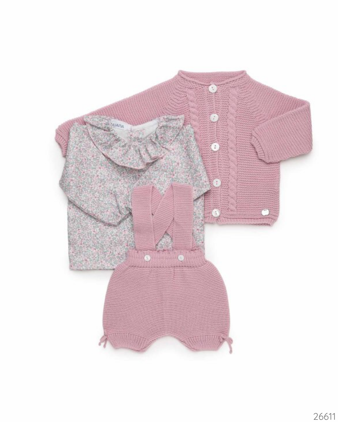 CONJUNTO TEJIDO 3 PZS ROSA SUAVE FLORES