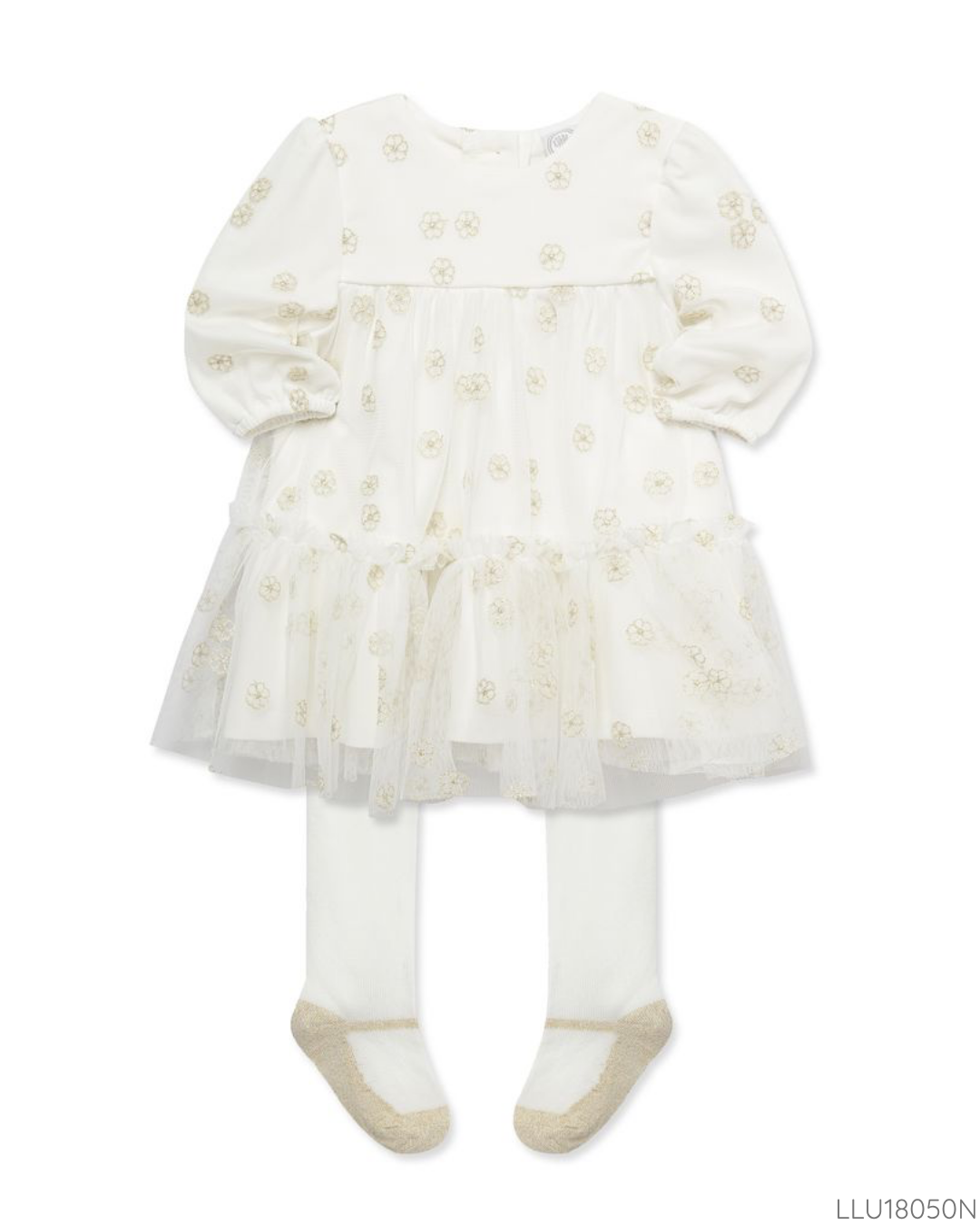 VESTIDO BLANCO DORADO CON MEDIAS