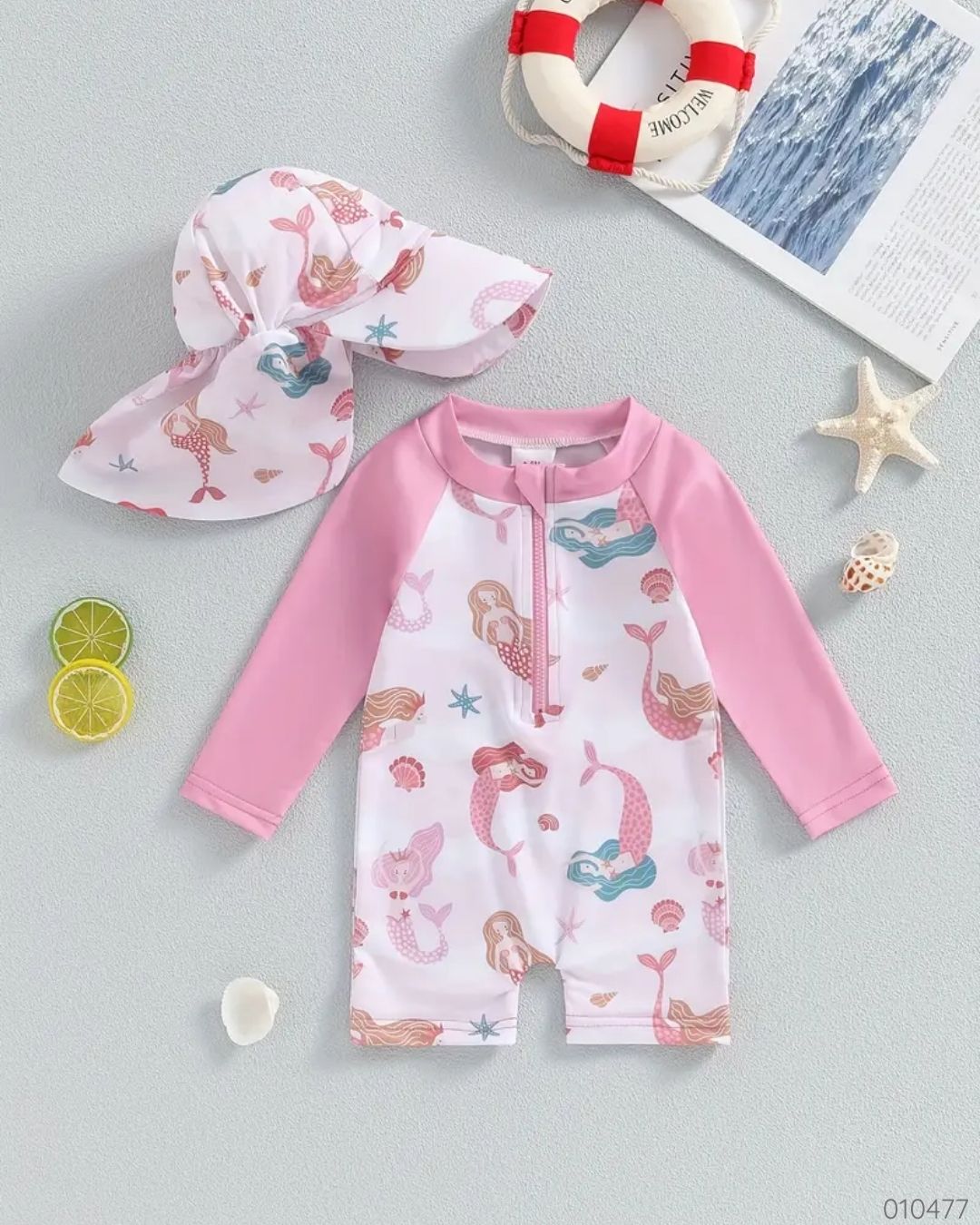 TRAJE DE BAÑO SIRENITA ROSA C/GORRO