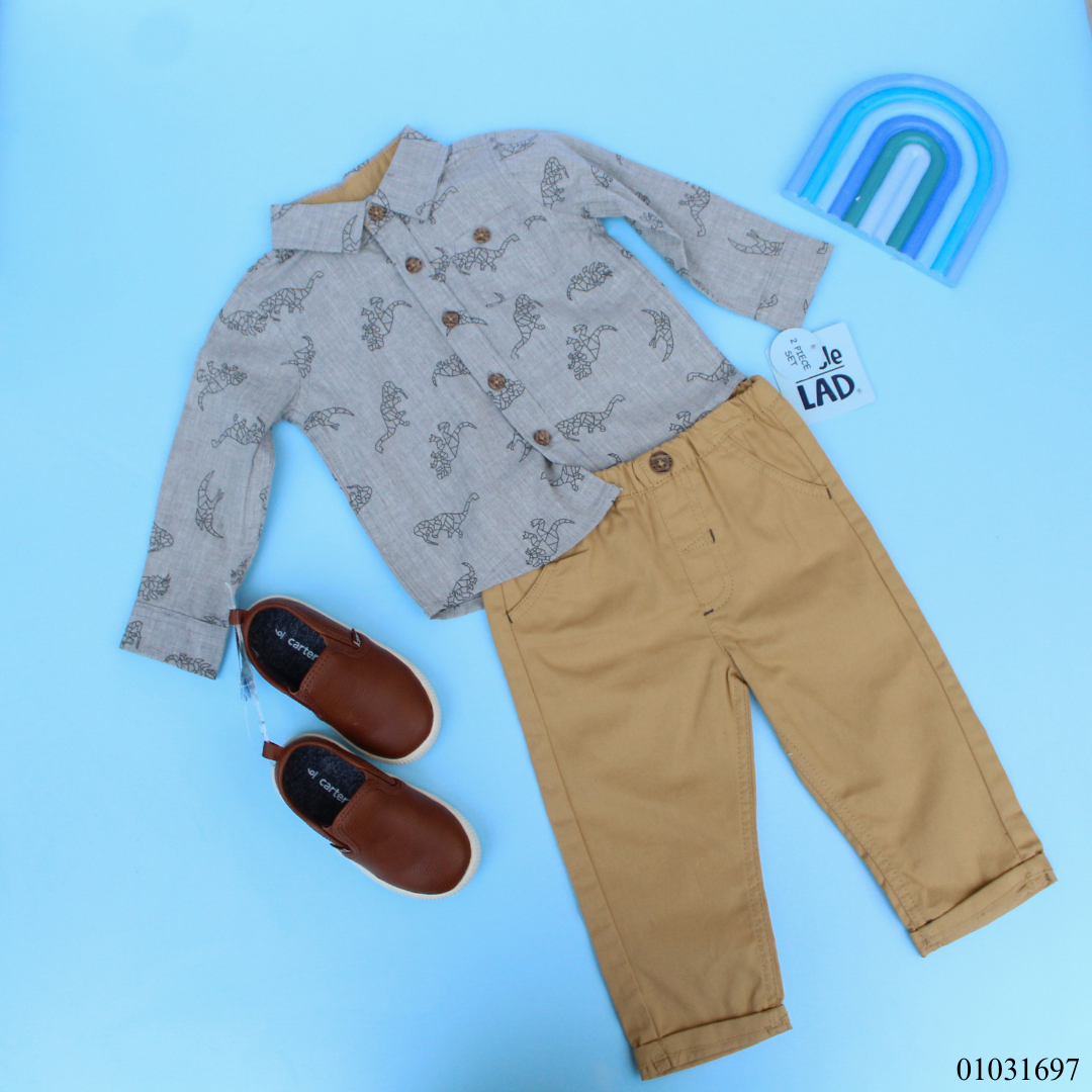 TRAJE NIÑO CAMISA FORMAL GRIS DINOSAURIOS