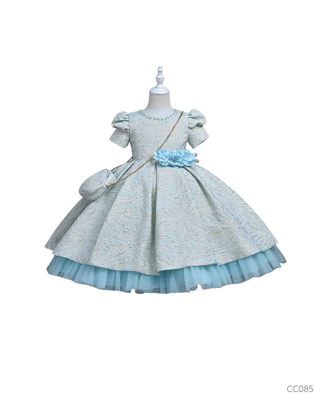 VESTIDO ELEGANTE AZUL FLORES Y CARTERA