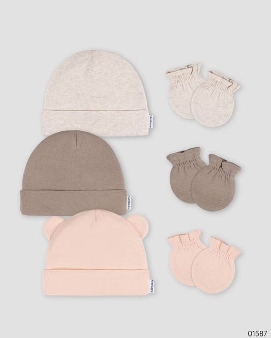SET DE 3 GORROS Y GUANTES CAFE PEACH Y BEIGE