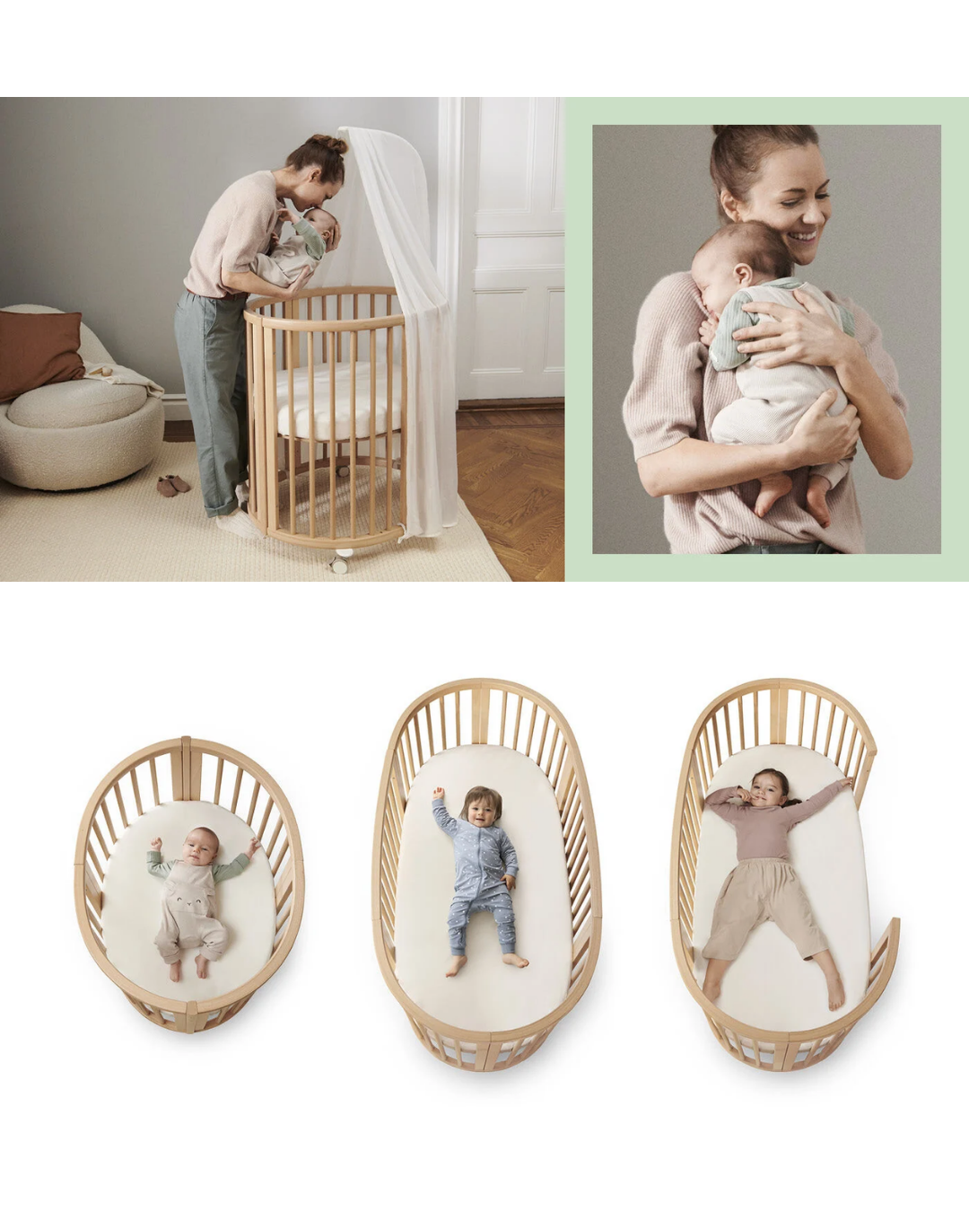 CUNA EVOLUTIVA STOKKE SLEEPI MINI CON COLCHON Y DOSEL NATURAL