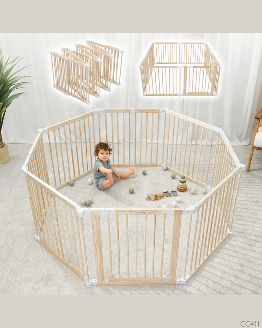 CORRAL JUEGOS Y PUERTA SEGURIDAD MADERA NATURAL COMFYCUBS