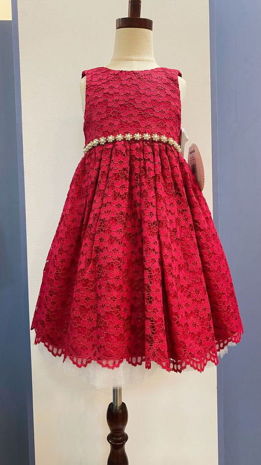 VESTIDO ROJO BLONDA FLORES CINTURA