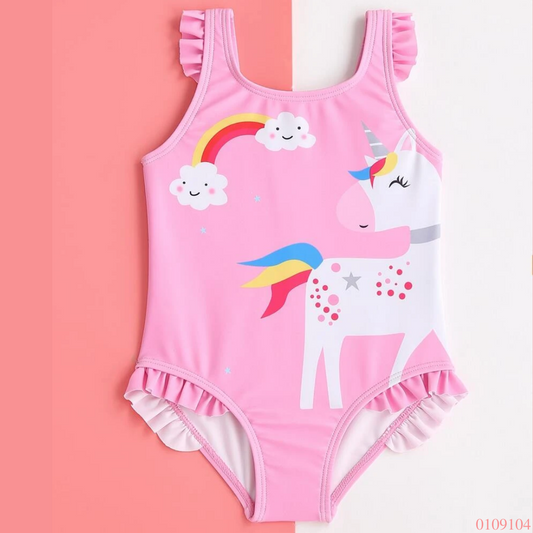 TRAJE DE BAÑO ROSADO UNICORNIO Y ARCOIRIS