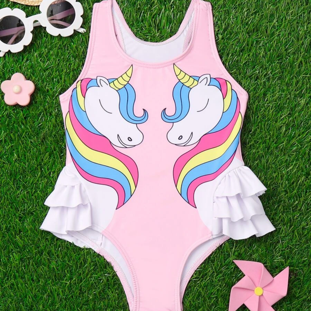 TRAJE BAÑO ROSADO 2 UNICORNIOS