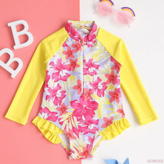 TRAJE BAÑO ROSADO Y AMARILLO CON FLORES